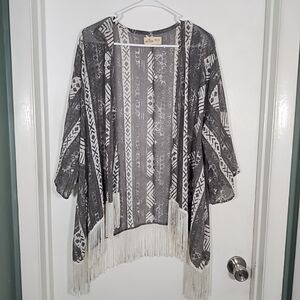 Hollister One Size Semi Sheer Kimono Cover Up Fringed Gray White Open Cardigan